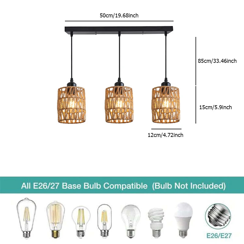 Lámpara Colgante Triple de Ratán Natural - Iluminación Moderna para Comedor