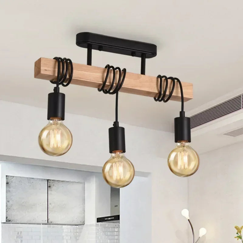 Lámpara Colgante Industrial de Madera con 3 Luces - Estilo Nórdico