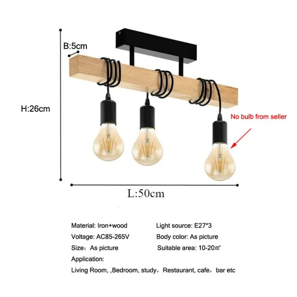 Lámpara Colgante Industrial de Madera con 3 Luces - Estilo Nórdico