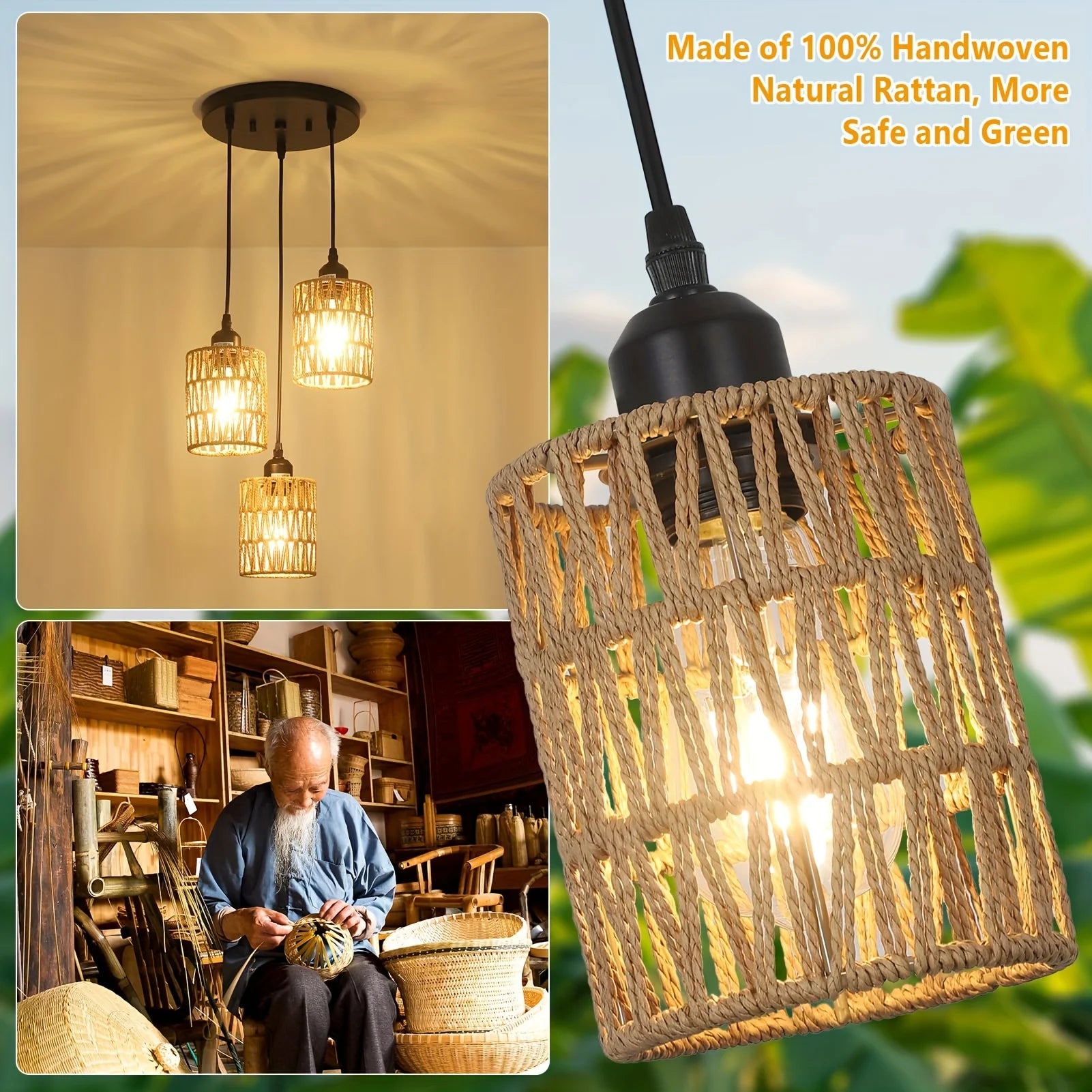 Lámpara Colgante Triple de Ratán Natural - Iluminación Moderna para Comedor