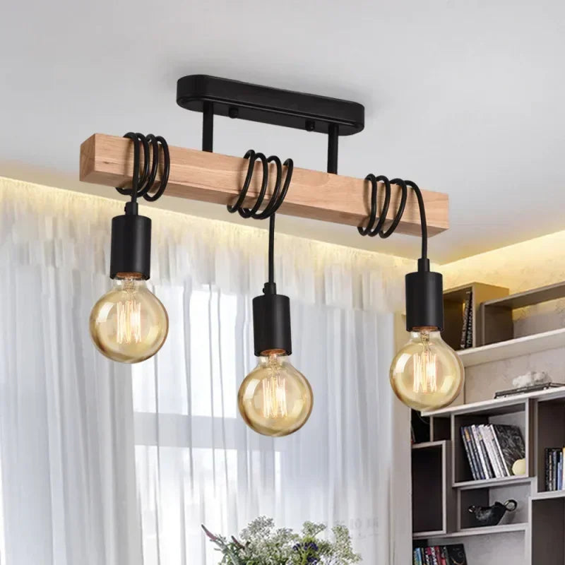 Lámpara Colgante Industrial de Madera con 3 Luces - Estilo Nórdico