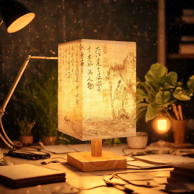 Lámpara LED estilo chino con base de madera