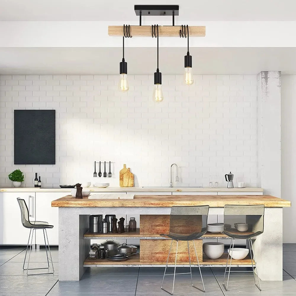 Lámpara Colgante Industrial de Madera con 3 Luces - Estilo Nórdico