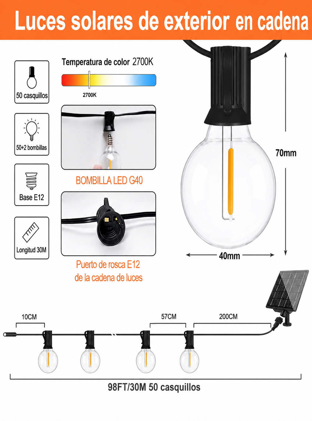 Guirlande Solaire LED Vintage G40 pour Extérieur - Lumière Chaude Étanche pour Jardin, Terrasse et Balcon