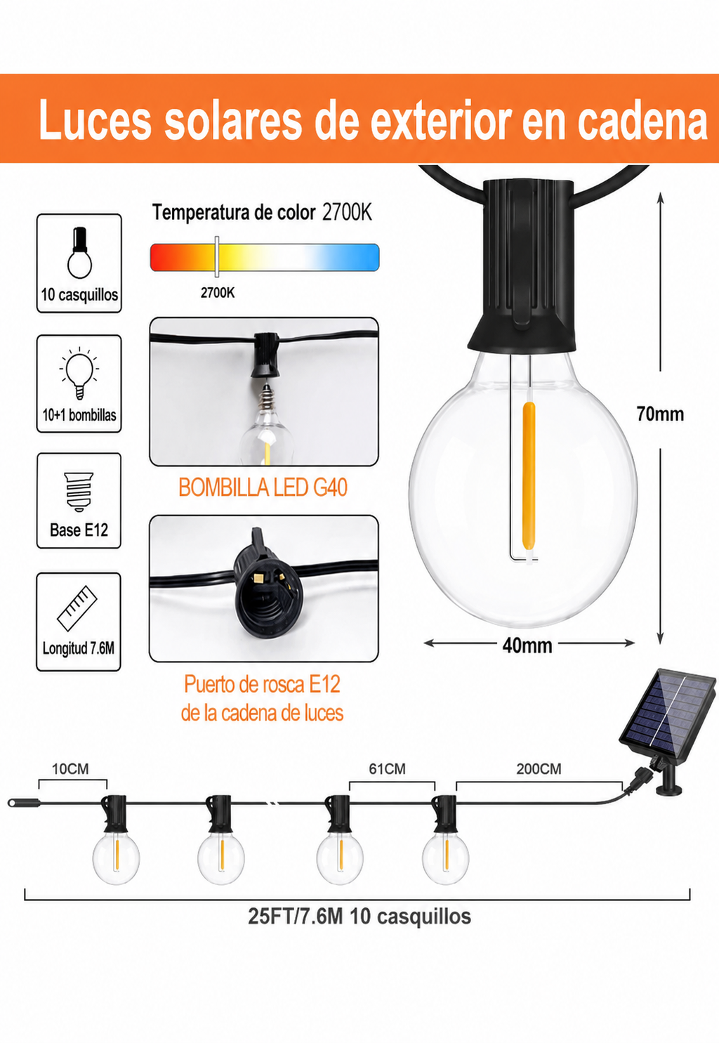 Guirlande Solaire LED Vintage G40 pour Extérieur - Lumière Chaude Étanche pour Jardin, Terrasse et Balcon