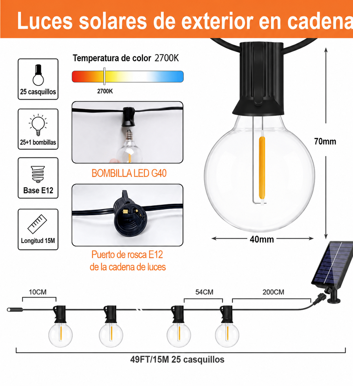 Guirlande Solaire LED Vintage G40 pour Extérieur - Lumière Chaude Étanche pour Jardin, Terrasse et Balcon