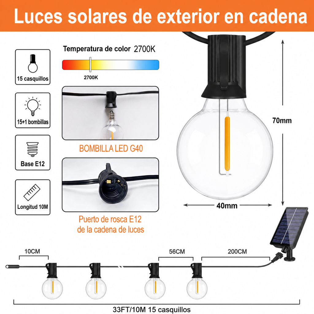Guirlande Solaire LED Vintage G40 pour Extérieur - Lumière Chaude Étanche pour Jardin, Terrasse et Balcon
